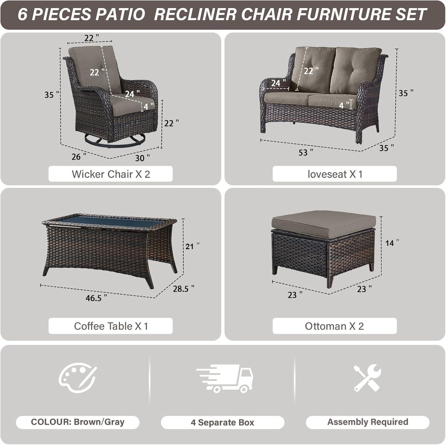 Wicker Outdoor Furniture Patio Furniture Set - 6 Piece Patio Conversation Set with Swivel Rocker Chairs, Loveseat Sofa, Ottomans and Coffee Table, Gray Cushion