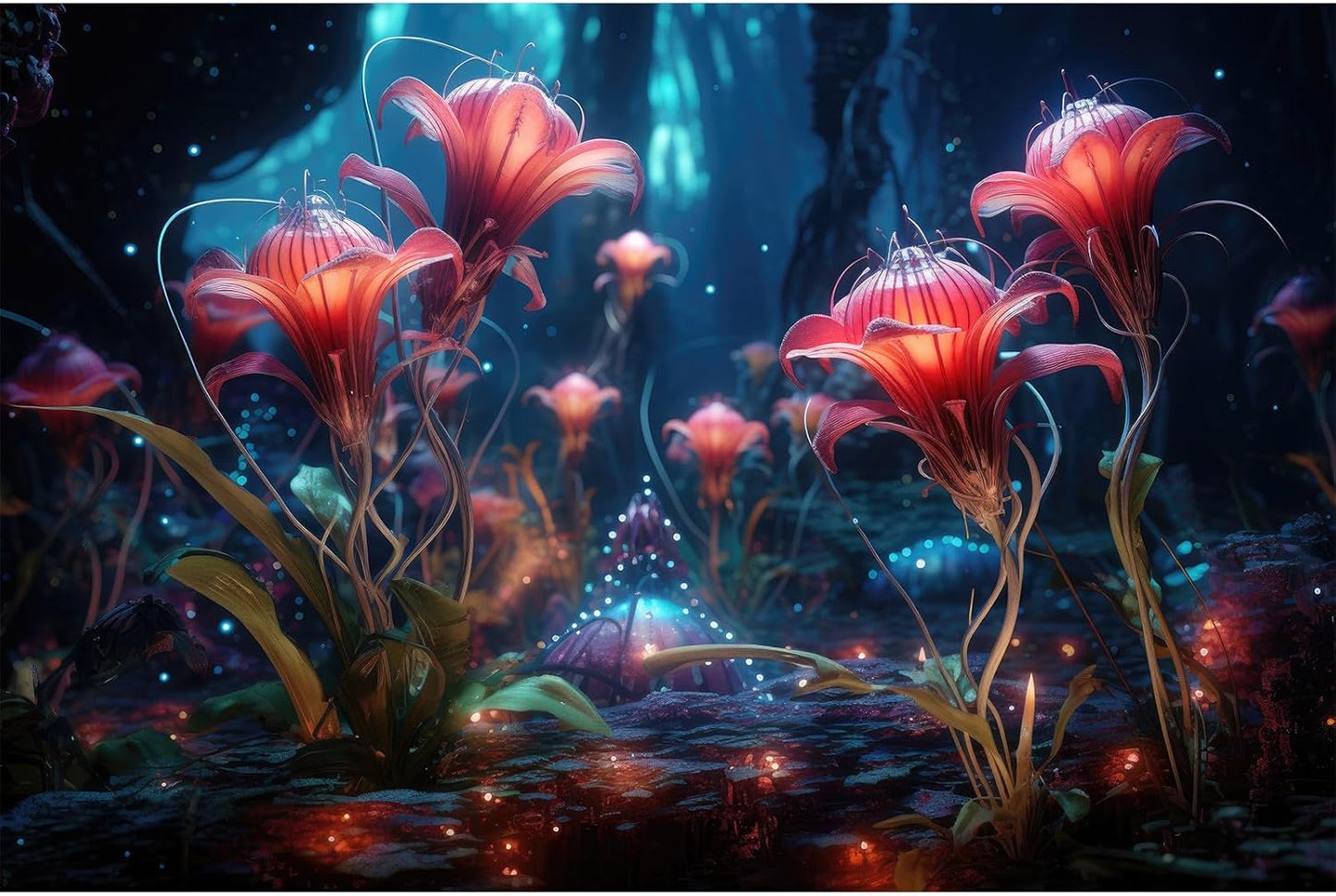 Aquarium Background Beautiful Red Translucent Flowers Terrarium Background Abstract Fantasy Plants Underwater World Tank Poster Glowing Flowers Foggy Forest Fish Tank Background Decors Vinyl 72x18in