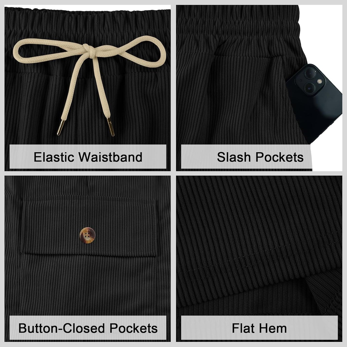 Mens Cargo Shorts Casual Drawstring Elastic Waist Corduroy Summer Beach Shorts with Pockets