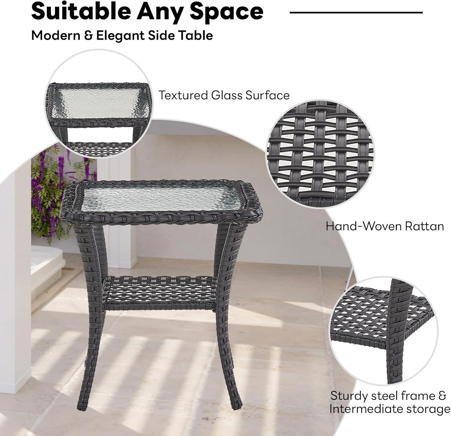 Handwoven Wicker Side Table - 20 Inch Small Outdoor Table 2 Tier Storage with Tempered Glass Top, All Weather Outdoor Patio End Tables for Deck Balcony Outside Black