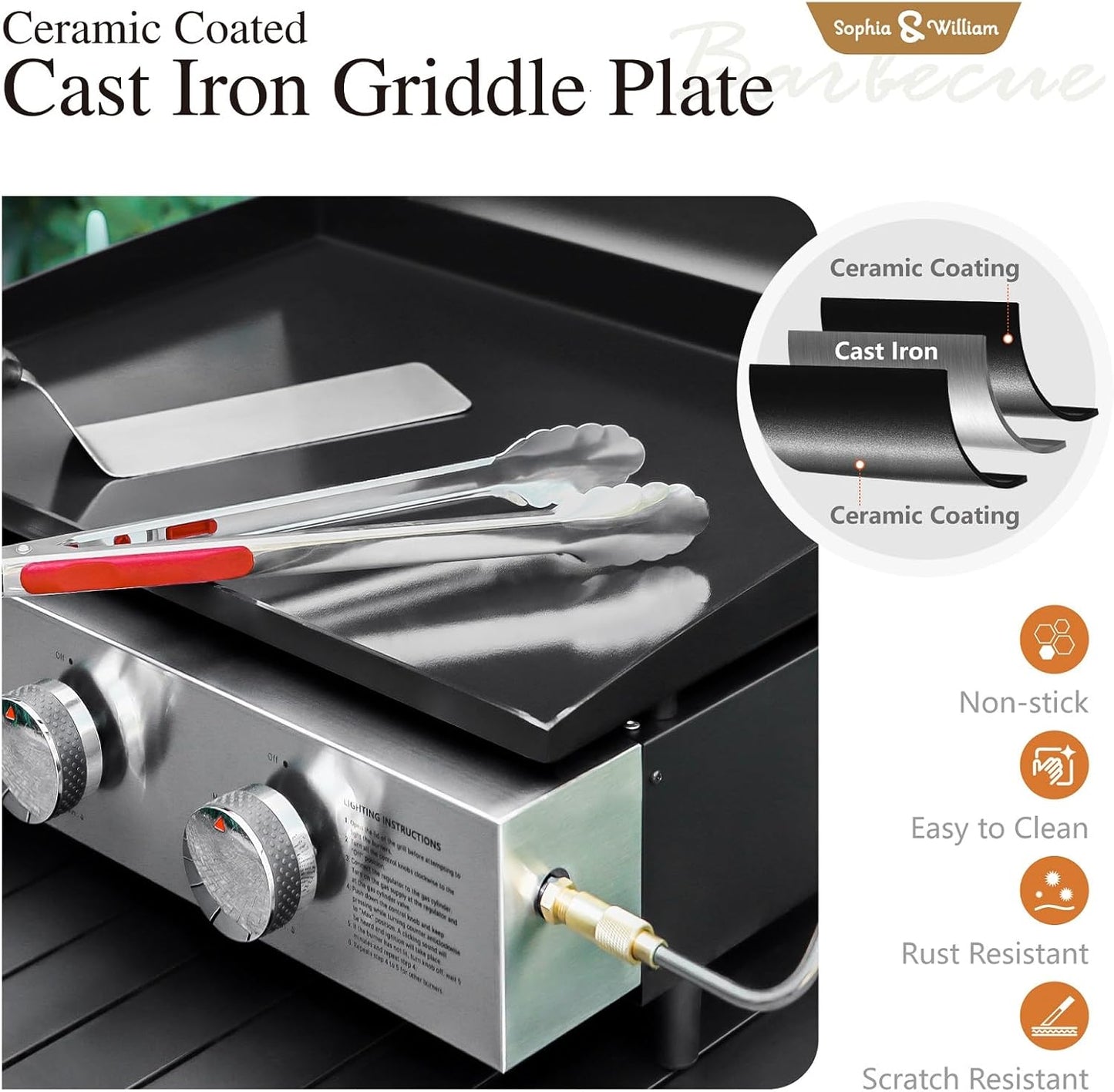 Sophia & William 22" Flat Top Grill with Lid & Ceramic Coated Cast Iron Pan, 3-Burner Portable Tabletop Gas Propane Griddle for Outdoor, BBQ, Camping & Tailgating Barbecue, 24,000 BTU