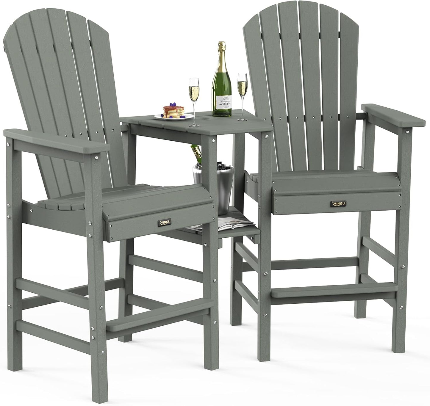 VINGLI Tall Adirondack Chairs Set of 2, HDPE Balcony Chair with Double Connecting Tray Weather Resistant Outdoor Bar Stools for Patio Deck Lawn Pool Backyard (Grey)