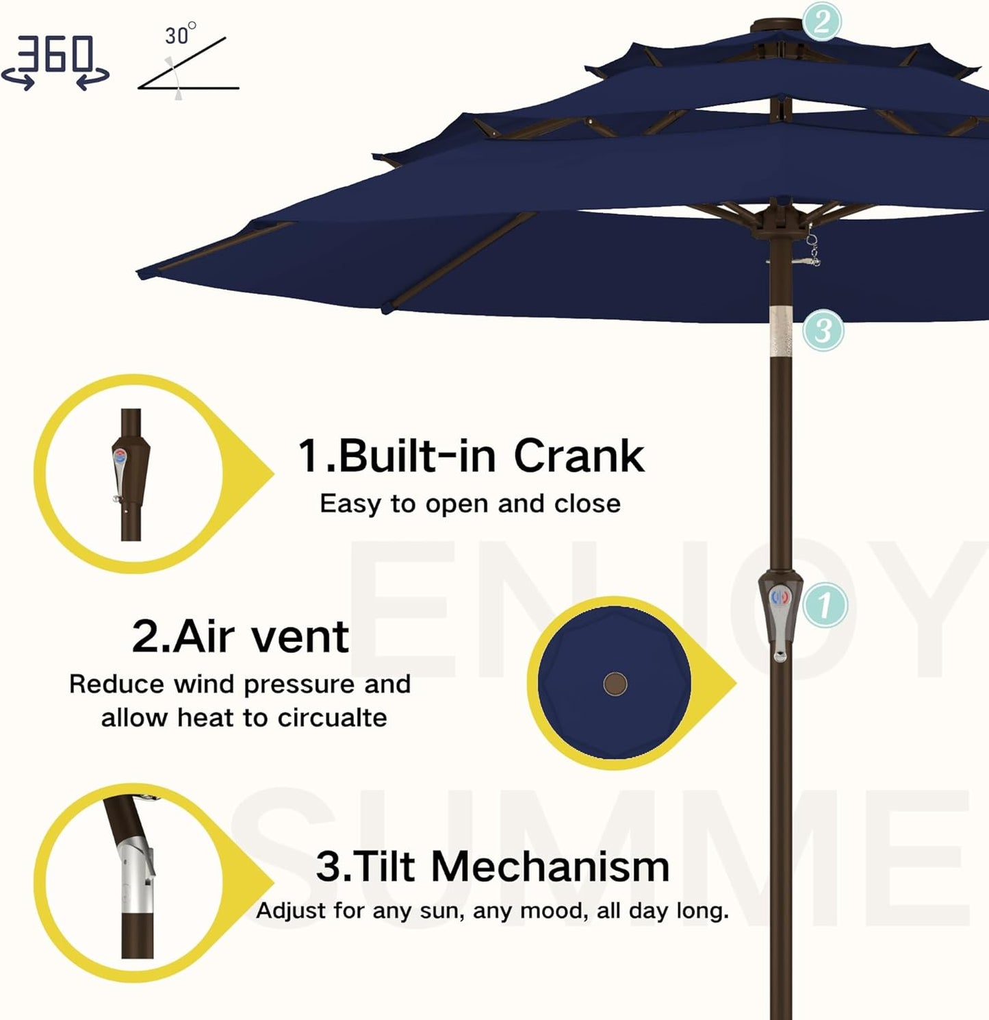 Kingdura 9ft 3-Tier Patio Umbrella, Outdoor Table Umbrella with Easy Crank & Tilt, 8 Reinforced Ribs, UV Protection for Deck, Pool, Market, Backyard (Navy blue)