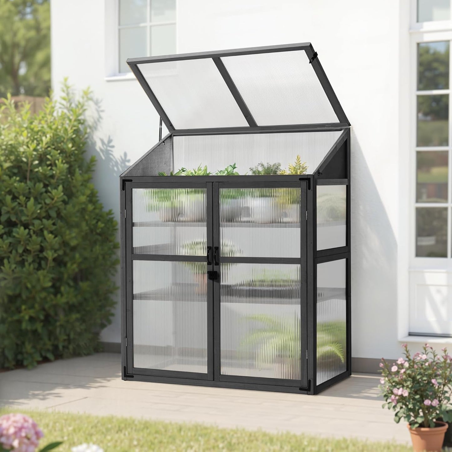 Macrout Cold Frame Greenhouse, Large Wooden Greenhouse Cabinet, Garden Cold Frame with Adjustable Shelves for Outdoor Indoor Use, 1344 (Dark Grey)