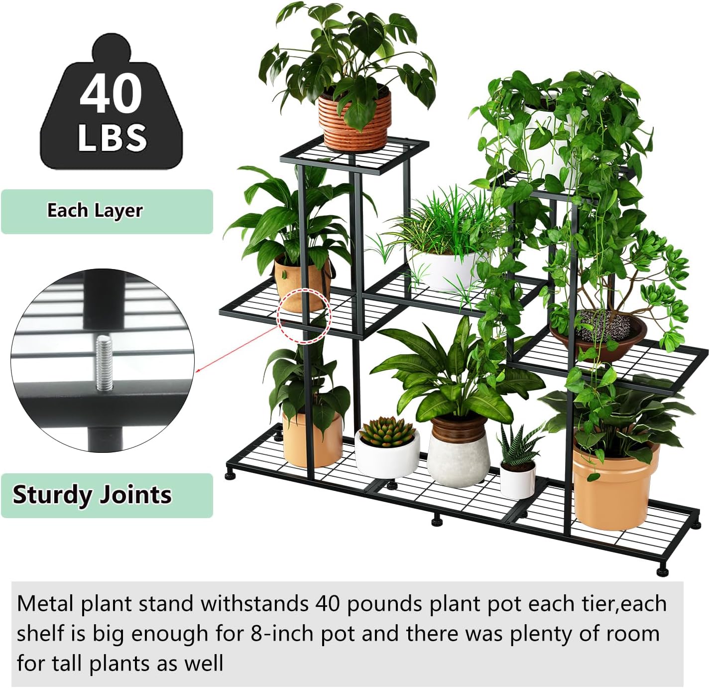 Metal Plant Stand, 5 Tiers Multifunctional Plant Stands for Indoor Plants, Decorative Black Steel Plant Shelf for Indoor Patio Garden Balcony and Yard (4 tiers 12 pots)