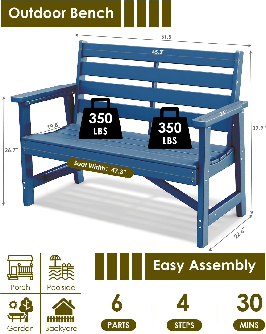 GREENVINES Outdoor Bench | 51.5’’ | HDPE | Garden Benches | Weatherproof | for Outdoors Patio Park Porch Outside Backyard | 2-Person | Blue