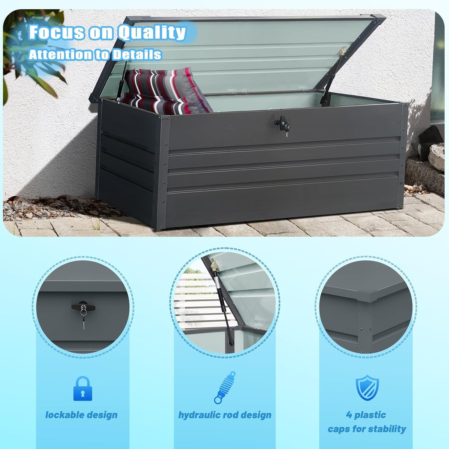 260 Gallon Outdoor Storage Box Waterproof, Extra Large Metal Deck Box and Patio Cushion Box for Storing Gardening Tools, Pool Supplies