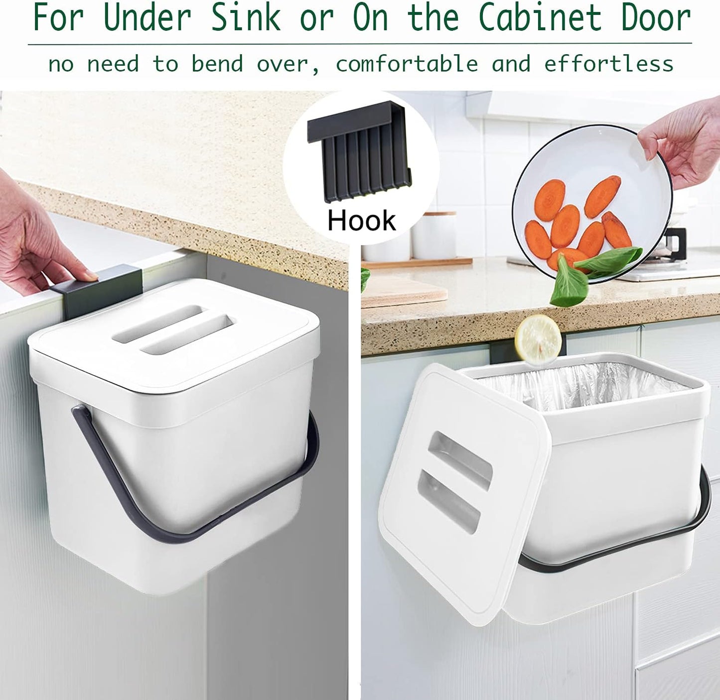 LALASTAR Trash Can with Lid, Wall-Mounted Under Sink Small Garbage Can for Kitchen, Bathroom, Hanging Plastic Trash Can, 1.8 Gallon, White