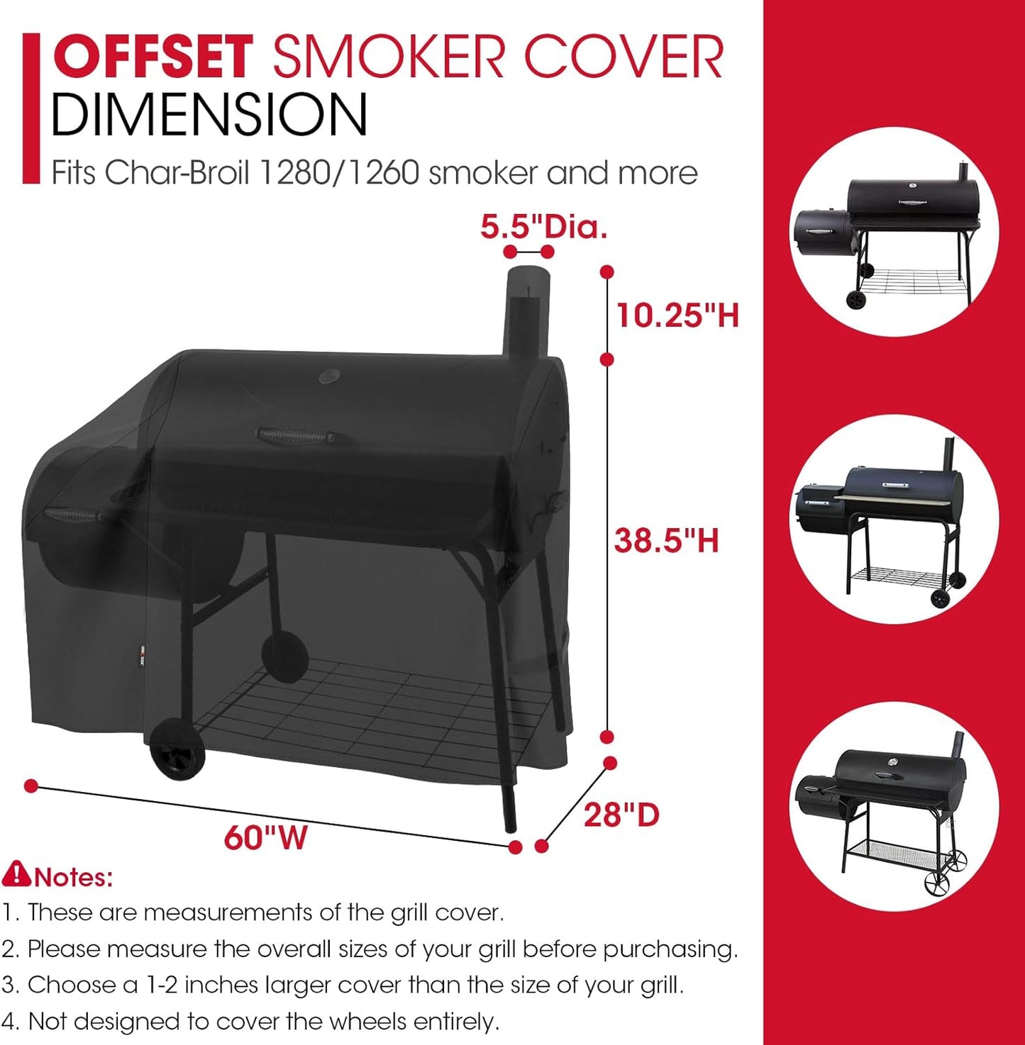 Unicook Offset Smoker Cover 60 Inch, Outdoor Heavy Duty Waterproof Charcoal BBQ Grill Cover, Fade Resistant, Compatible for Brinkmann, Char-Broil, Royal Gourmet and More, Black