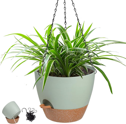 Hanging Planters for Indoor Outdoor Plants, 1 Set Self Watering Hanging Pot with Drainage Holes & Removable Tray (Green-12inch, 12'')