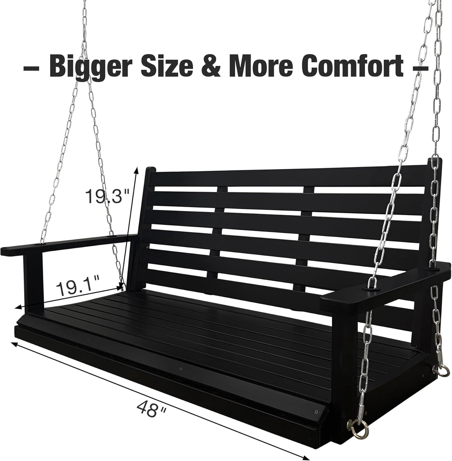 Wooden Porch Swing, Ergonomic Seat, Bench Swing with Hanging Chains and 7mm Springs, Heavy Duty 880 LBS, for Outdoor Patio Garden Yard (Matte Black, 2-Seater Extra Large)