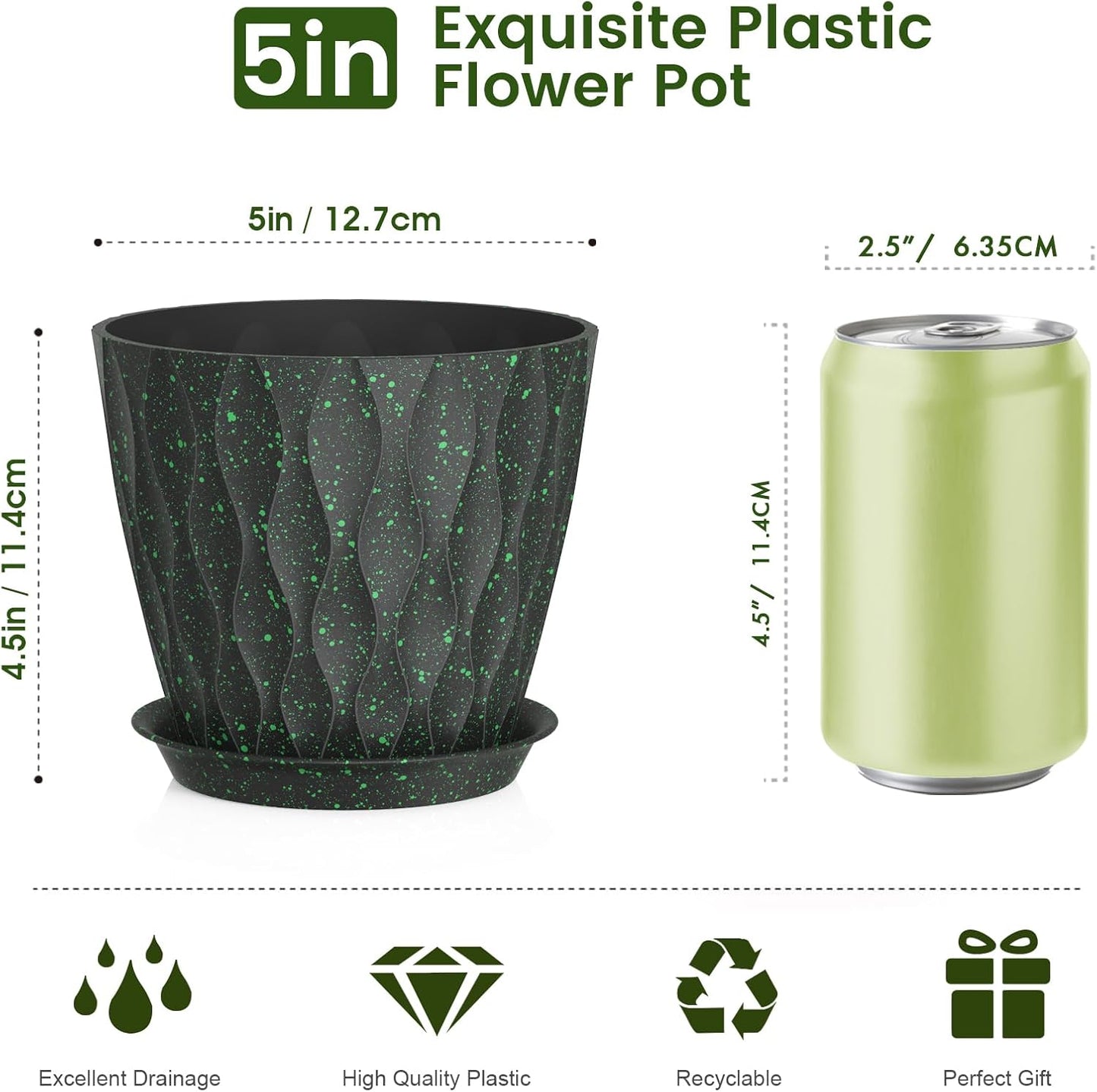 5 inch Plant Pots for Indoor Outdoor Plants, 6 Pack Thick Nursery Pots with Drainage Holes and Saucers, 3D Modern Wave Texture Small Plastic Planter Flower Pots, Black with Green Speckles