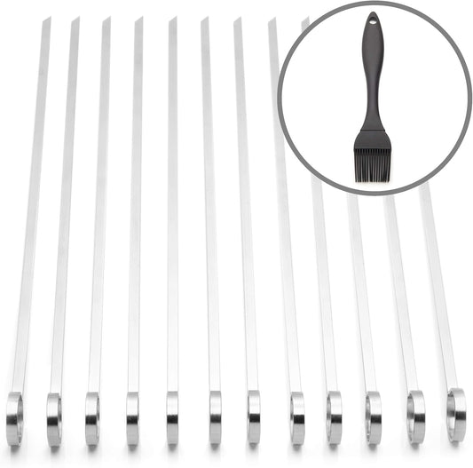 THORIUM BBQ Skewers |Shish Kebab Rotisserie Skewers for Grilling | Sharp Flat S kewers with Ring Handle for Easy Turning | Durable Stainless Steel | 12 Pieces, 35cm Long | Includes Basting Brush