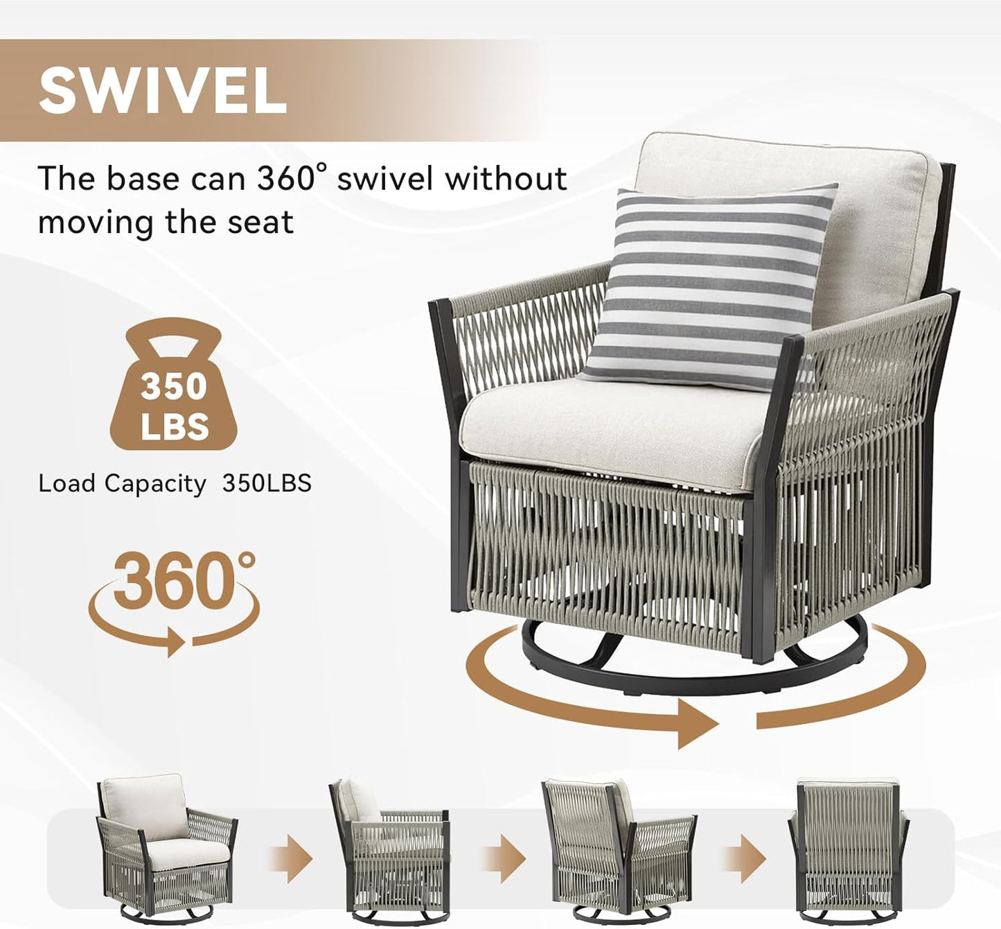 Patio Bistro Swivel Chair Set, 2 Pieces Swivel Wicker Chairs Porch Furniture Sets, All-Weather Rattan Rocking Outdoor Conversation Set for Porch, Deck, Poolside w/Cushion-Beige