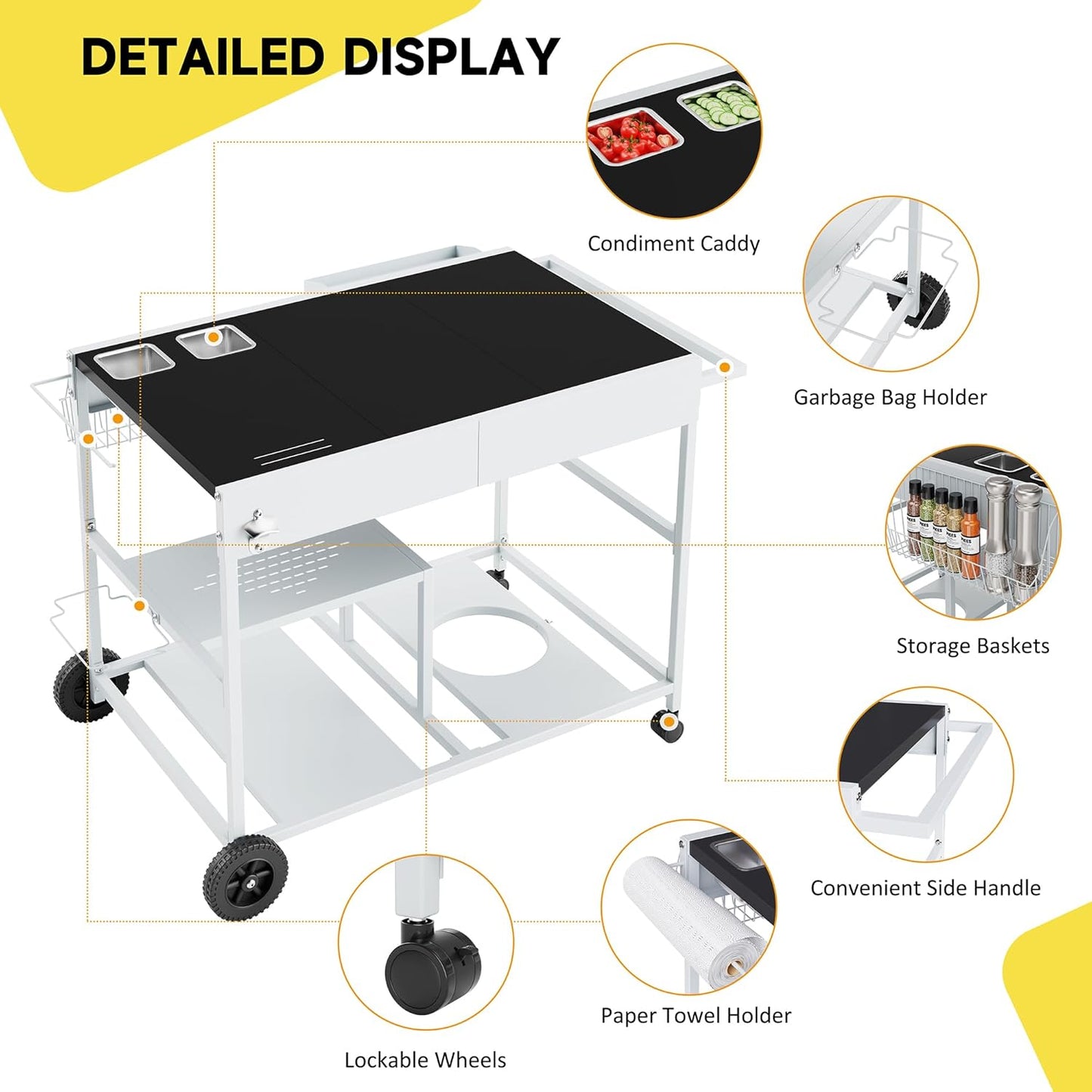 JY QAQA Outdoor Pizza Oven Stand with Condiment Shelf, Outdoor Cooking Cart, Grill Worktable for Patio, Food Prep Station Fits Ninja Woodfire Grill, Cuisinart Grill, Blackstone Griddle