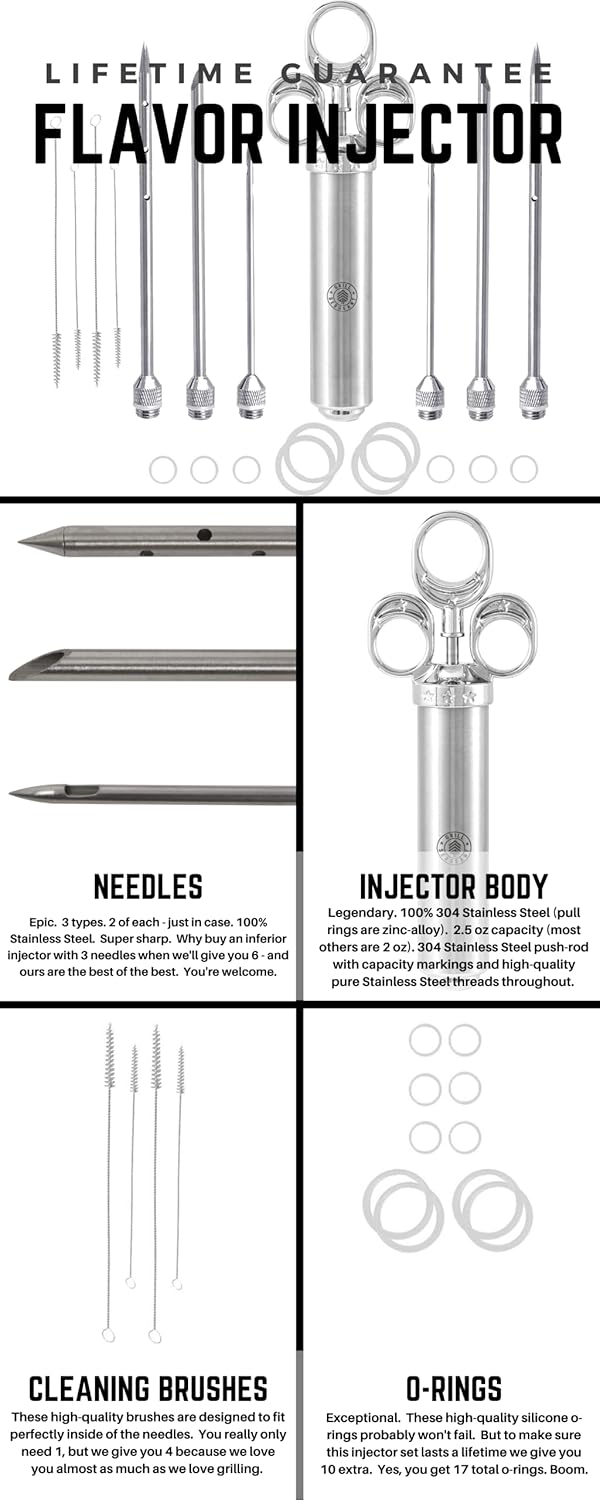 GRILL SERGEANT Professional Meat Injector, Marinade Syringe Set, Forever Guarantee, Zippered Storage & Travel Case, 304 Stainless Steel, No Aluminum, 6 Needles, 2.5 oz Capacity, 4 Cleaning Brushes