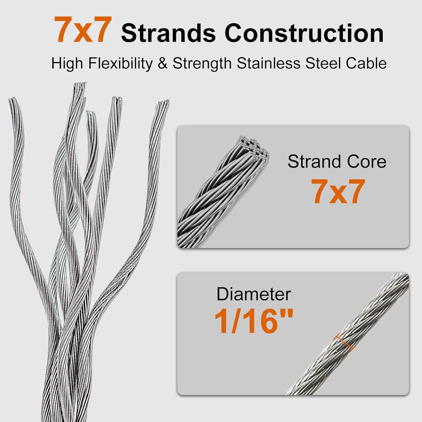 100FT 1/16" Wire Rope Kit, 7x7 Marine Stainless Steel Strand Core, T316 Strength for Hanging, Aircraft, Yard, Garden, Deck Railing, Trellis Wire with Crimping Sleeves, Thimbles