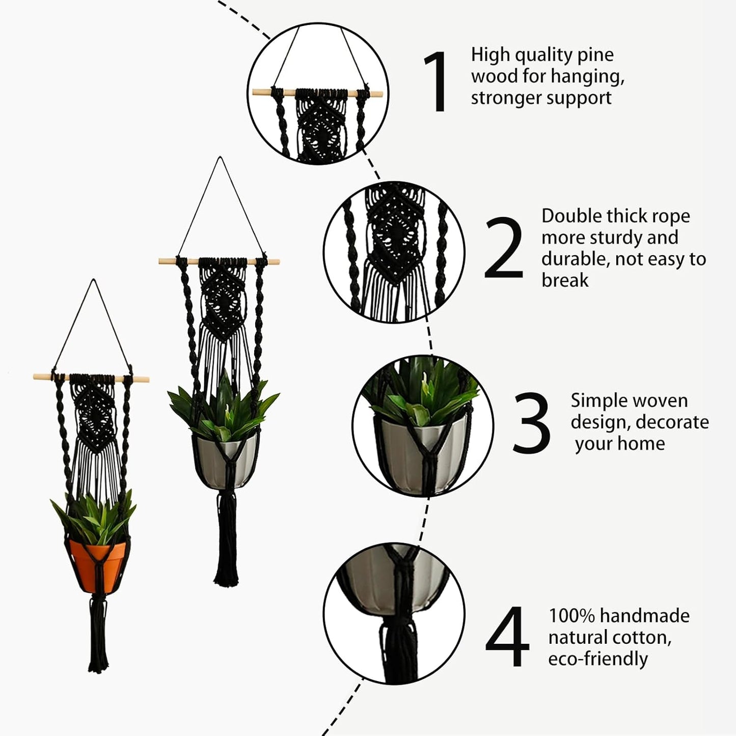 Artilady Black Plant Hanger Macrame Hanging Planter for Indoor Boho Plants Holder with Hooks Hanging Plant Basket Outdoor Window Wall Plants Home Decor