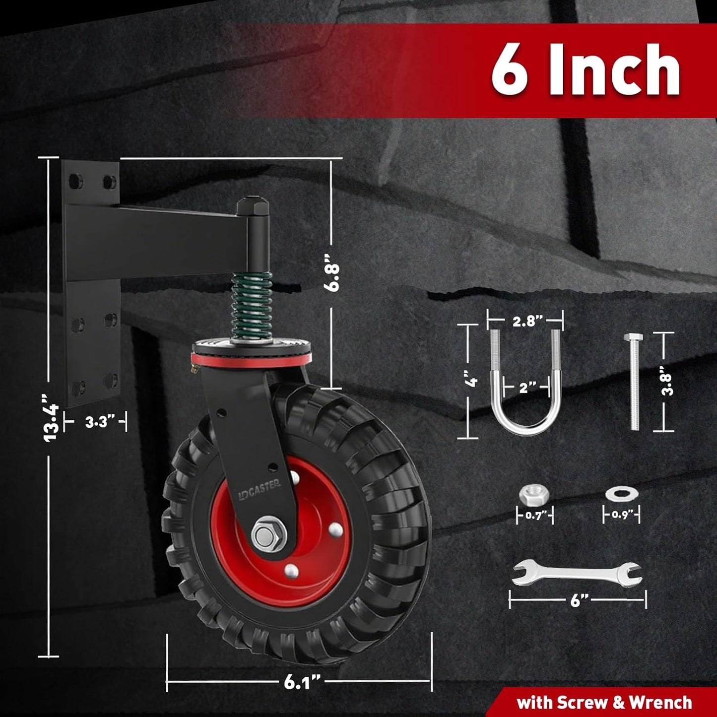 Heavy Duty Gate Wheel, 6" Double-Welded,500lb Capacity for Metal Tube & Wooden Gates, 360° Swivel Spring-Loaded Caster with 2 Installation Kits