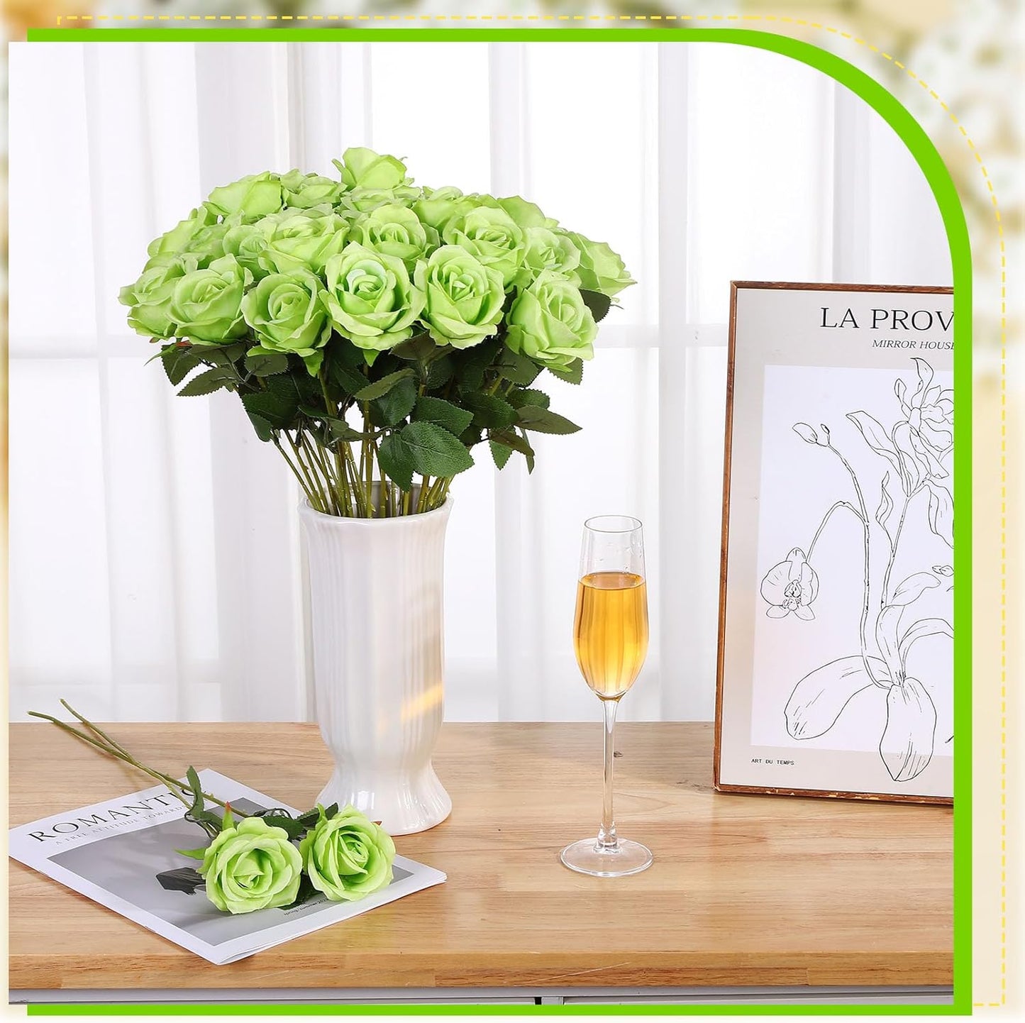 36 Pcs Silk Green Rose Bouquet Bridal Artificial Flowers,Fake Rose Long Stem Realistic Flowers Bulk for Wedding Bouquet Ball Arrangement Centerpiece Party Decor