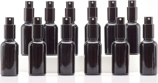 YIZHAO Black Glass Spray Bottles 1oz, with Small Fine Mist Spray, Metal Cap, Refillable for Essential Oil,Travel,Cleaning,Perfume,Aromatherapy,Makeup – 12 Pcs