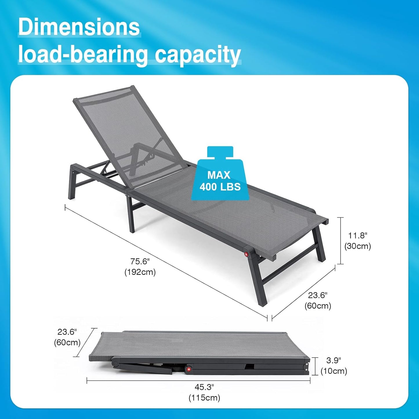 Aluminum Chaise Lounge Chair Outdoor, Foldable Patio Lounge Chair 2 Sets Assemble-Free, Pool Lounge Chairs with 5 Adjustable Backrest, Outdoor Lounge Chairs for Outside Poolside Beach Lawn Blue