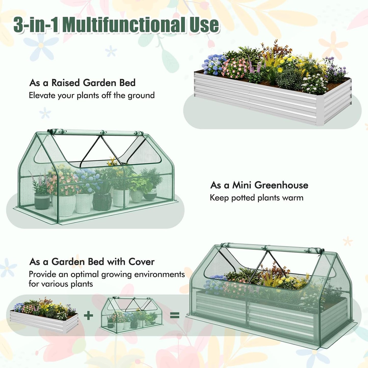 SAFSTAR Raised Garden Bed with Cover, 6FT x 3FT x 3FT Galvanized Bottomless Garden Bed with Greenhouse, Dual 2-Tier Roll-Up Windows, Outdoor Metal Planter Box Kit with Cover (Green)