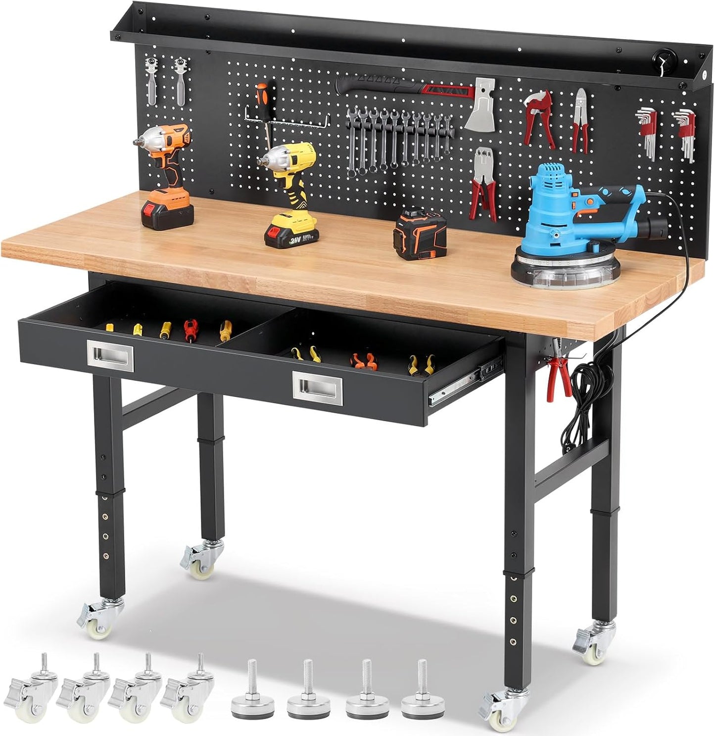 Workbenches for Garage Work Bench with Wheels 60 Inch Adjustable Rubber Wood Top Garage Workbench with Drawers, Pegboard, Power Outlets for Woodworking, Home, Office, Workshop