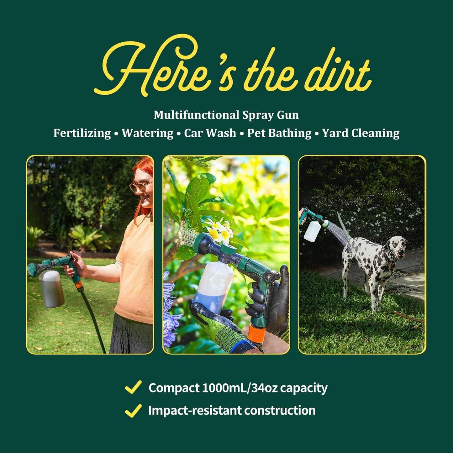 VENETIO 8-Dial Hose-End Sprayer for Liquid Fertilizer & Chemicals | Multi-Purpose Lawn and Garden Nozzle Spreader for Uniform Fertilizing, Pet Washing and Outdoor House Cleaning, 34oz Dispenser Bottle