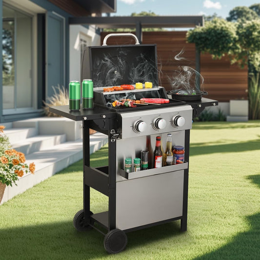 3-Burner Propane Gas BBQ Grill with Side Burner - Stainless Steel 30,000 BTU Patio Garden Barbecue Grill with Two Foldable Shelves