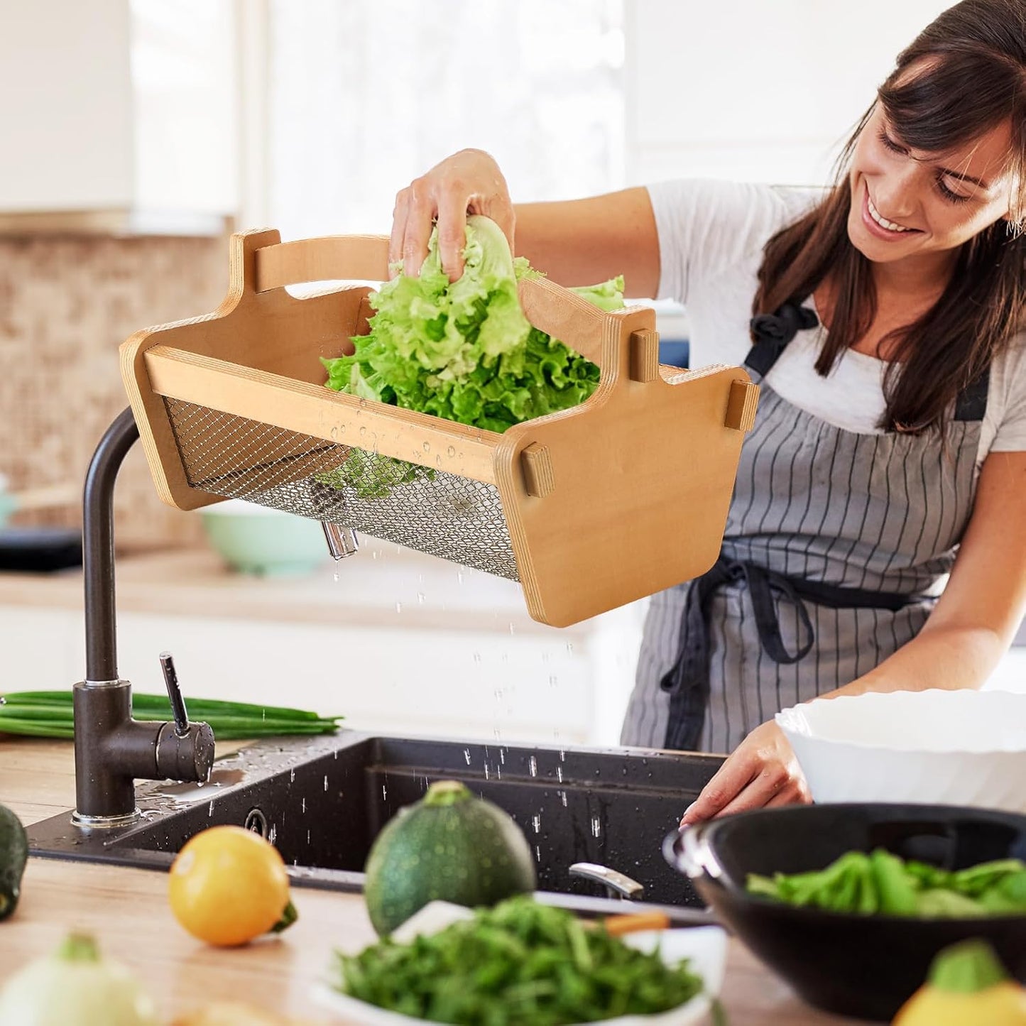 Garden Harvest Basket Mesh Storage with Handle Versatile Gardening Fruits Vegetables Gathering Basket Garden Supply Gardener Gift Spring for Washing Holding (Wood Color,13.4in)