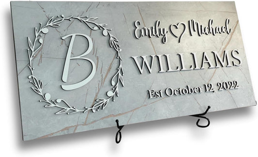 Personalized Monogrammed Family Name Sign with Couple Names, Marble Look Wood Sign, Personalized Wedding Gift, Modern Established Date Wall Decor, Anniversary of Housewarming