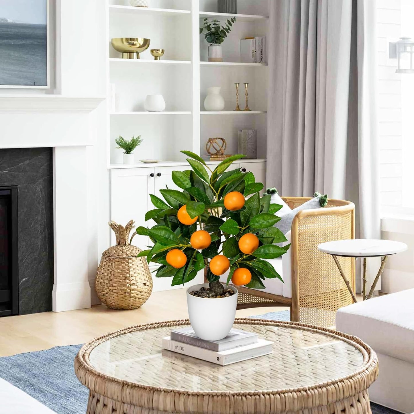 Artificial Potted Plants 16.1 inches Fake Orange Tree Artificial Citrus Fruit Plant with White Pot Faux Plants Indoor for Home,Office, Living Room Table, Desk