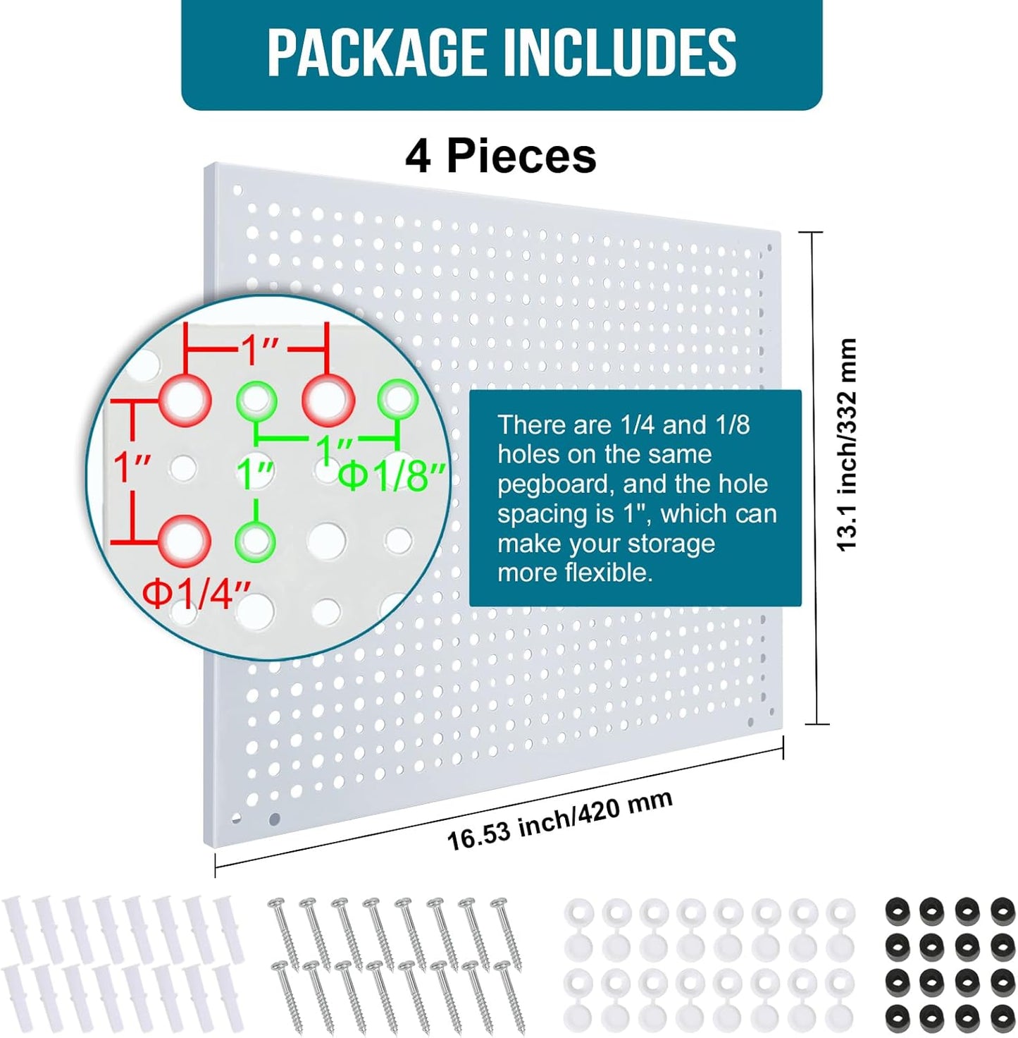 Peg Board, Heavy Duty Steel Organization Panels, Universal 1/8 and 1/4 Peg Board Accessories, Ideal for Garage Tool Storage, Pack of 4(White, 16X12)