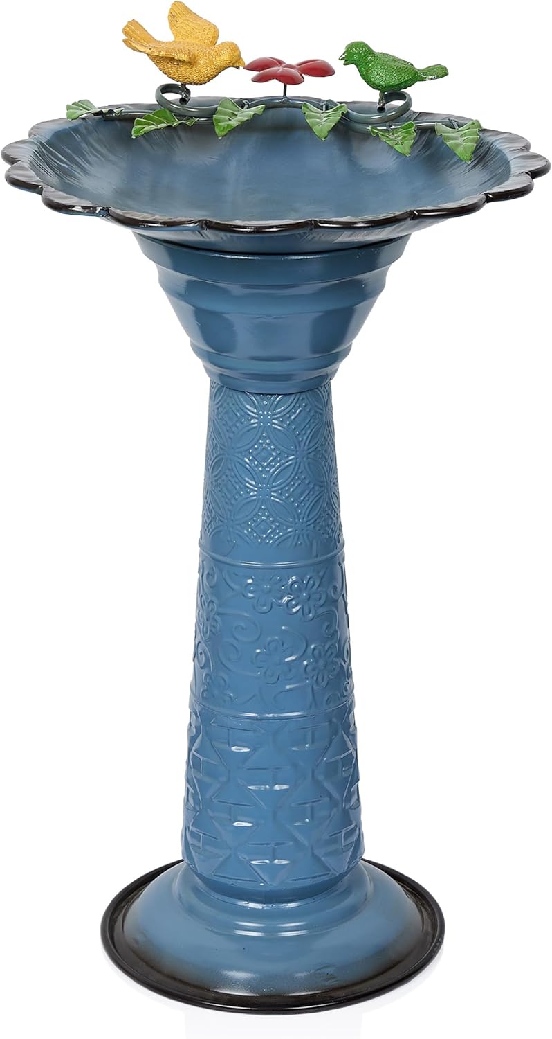 Alpine Corporation ORS112BL Vintage Metal Pedestal Birdbath with Stand, Shallow Bird Bath Bowl for Outside, 28" H, Blue