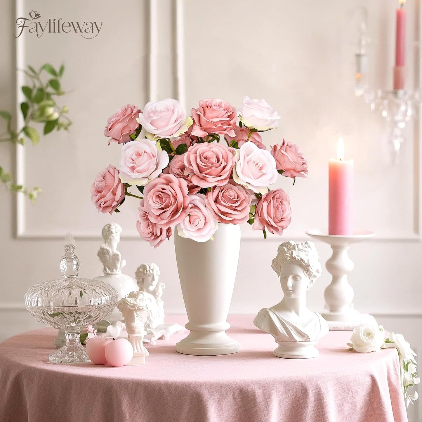 20PCS Artificial Dusty Pink Roses, 3.9'' Silk Flower Head Fake Dusty Pink Rose with Long Stems, Realistic Faux Roses Bouquet for Mother's Day DIY Wedding Home Party Office Decoration