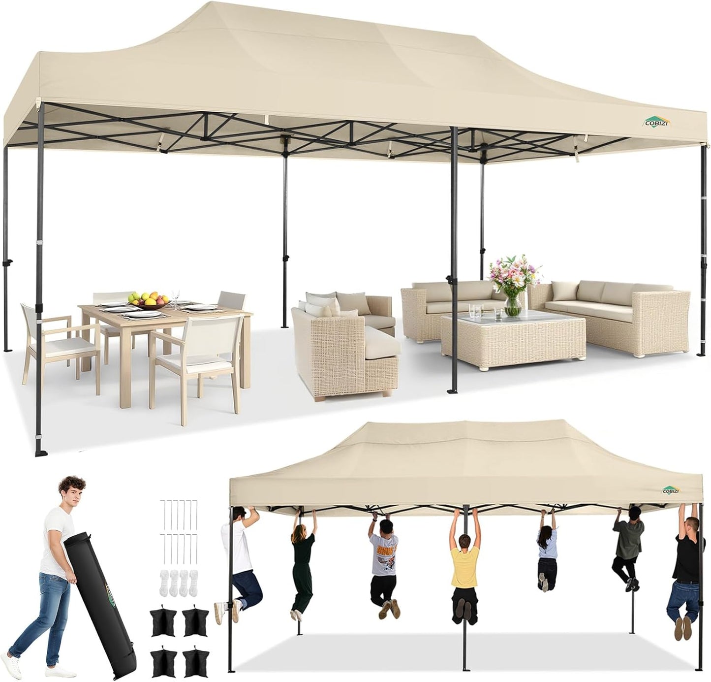 COBIZI 10x20 Pop up Canopy Tent Heavy Duty Without Sidewalls, Easy Set-up Commercial Outdoor Party Canopy, 100% Waterproof Wedding Gazebo, 3 Height Adjustable with Wheeled Bag, Khaki