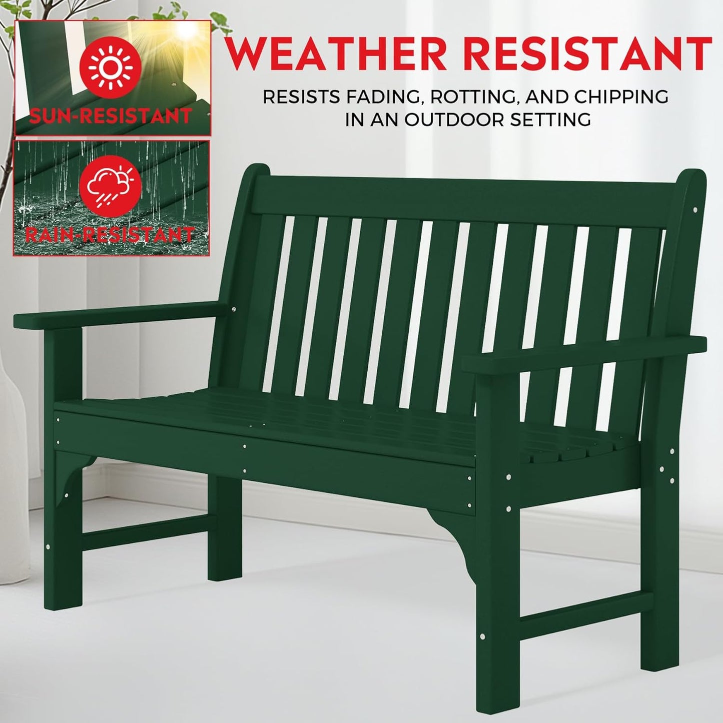 Garden Bench, Farmhouse Park Front Porch for Entryway Bench Outdoor Seating Low Bench Patio Bench Outside/Indoor, Dark Green