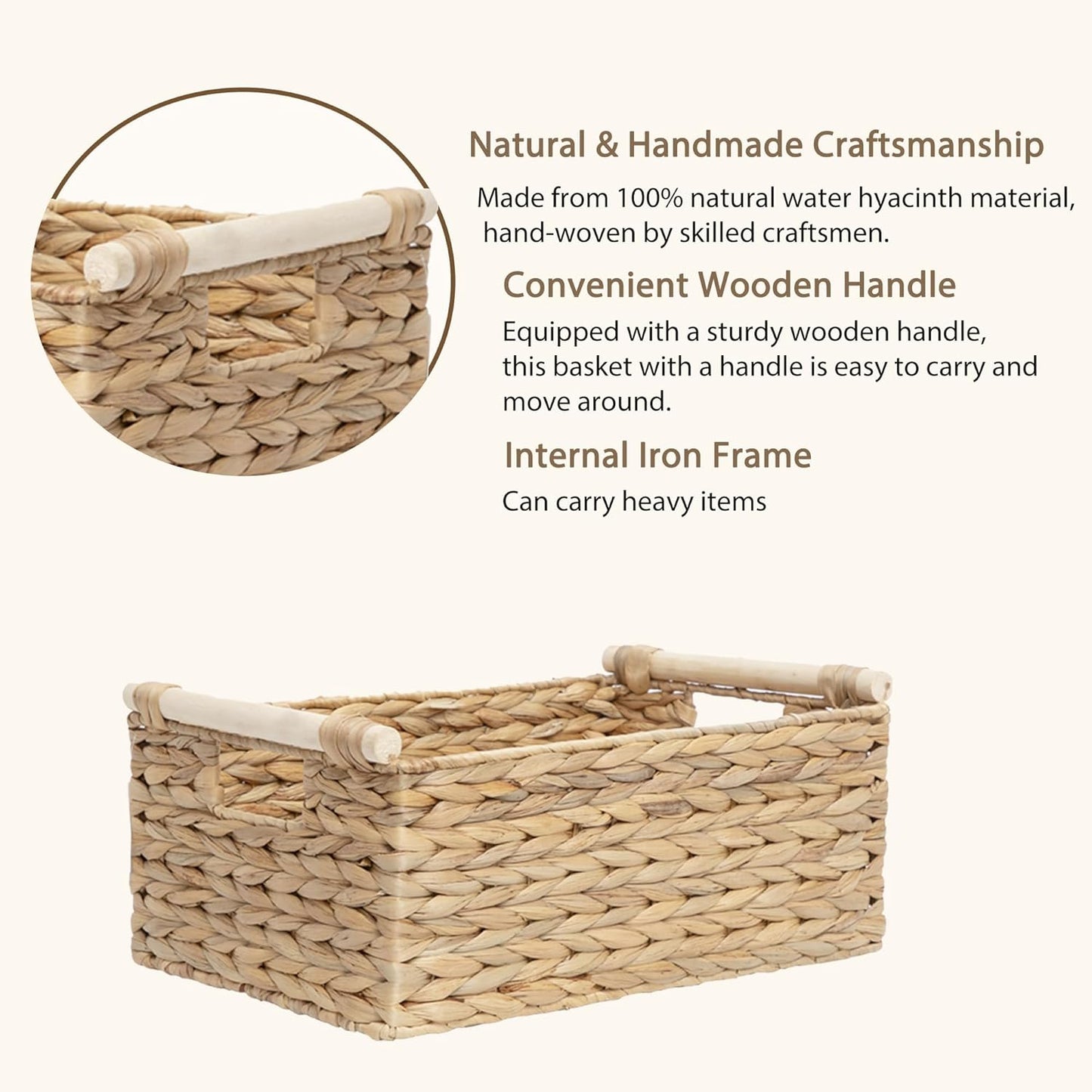 Handmade Water Hyacinth Woven Storage Baskets with Wooden Handles, Rectangle Rustic Organizer Set for Home Decor, Kitchen, Bedroom & Office (Set of 3)