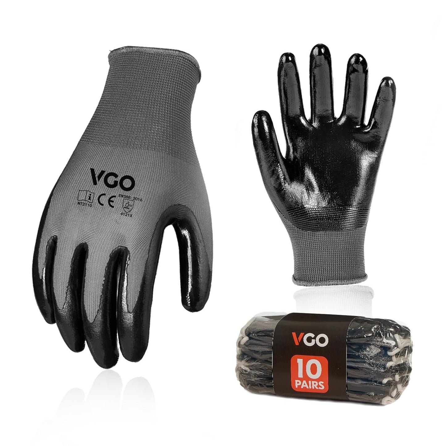 Vgo... 10-Pairs Safety Work Gloves, Gardening Gloves, Non-slip Nitrile coating, Dipping Gloves (Size M, Gray, NT2110)