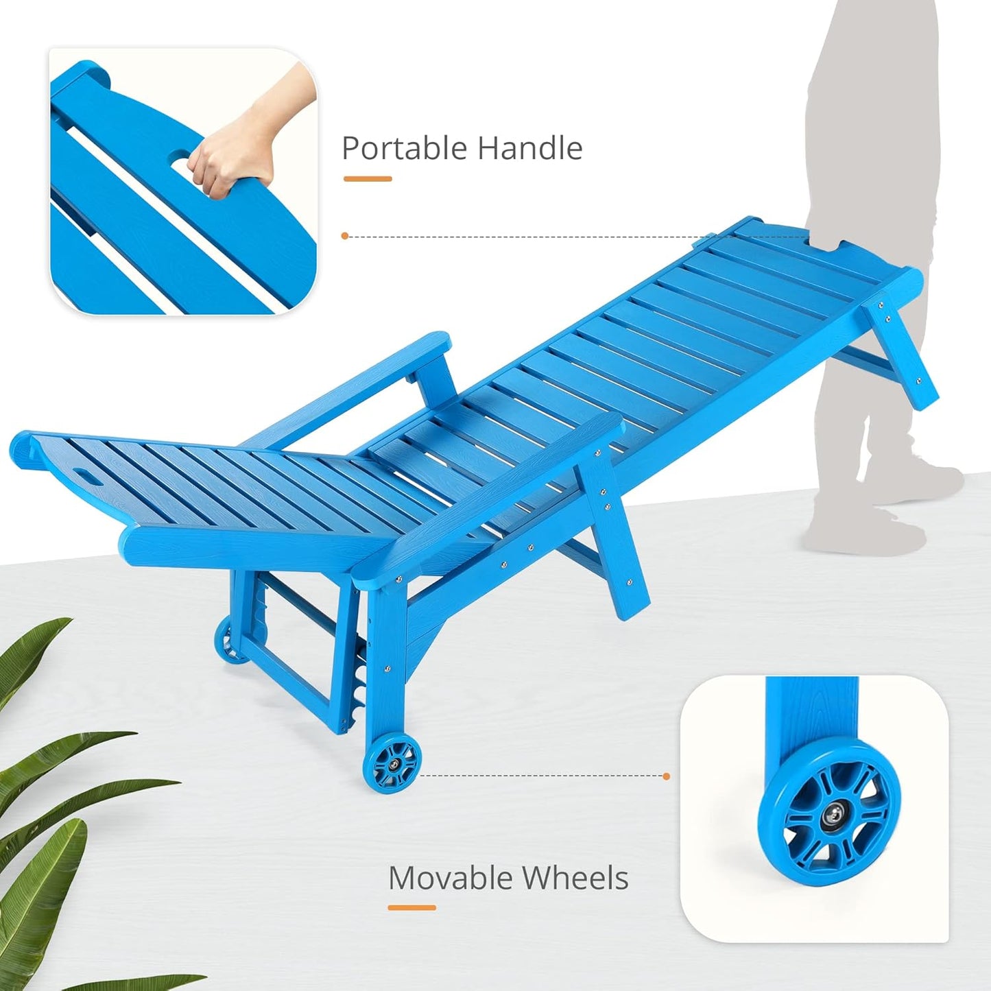 LUE BONA Outdoor Chaise Lounge, 79'' Oversized HDPS Chaise Lounger, 5 Positions Adjustable Lounge Chairs, Pool Lounge Chair with Wheels for Poolside, Backyard, 3 Year Warranty, Blue