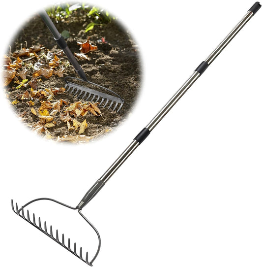 Garden Rake, 6 FT Bow Rakes for Lawns Heavy Duty, Yard Metal Rake with Adjustable Long Handle, 14 Tines Head, Gardening Tool for Loosen Soil, Gather Leaves, Level Mulch, Remove Debris
