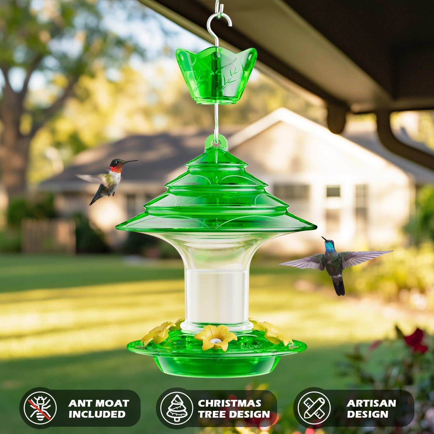 Birdream Hummingbird Feeder for Outdoors Hanging 40oz 10 Feeding Ports, 2 Pack Humming Bird Feeder with Ant Moat Brush Leak Proof - Green