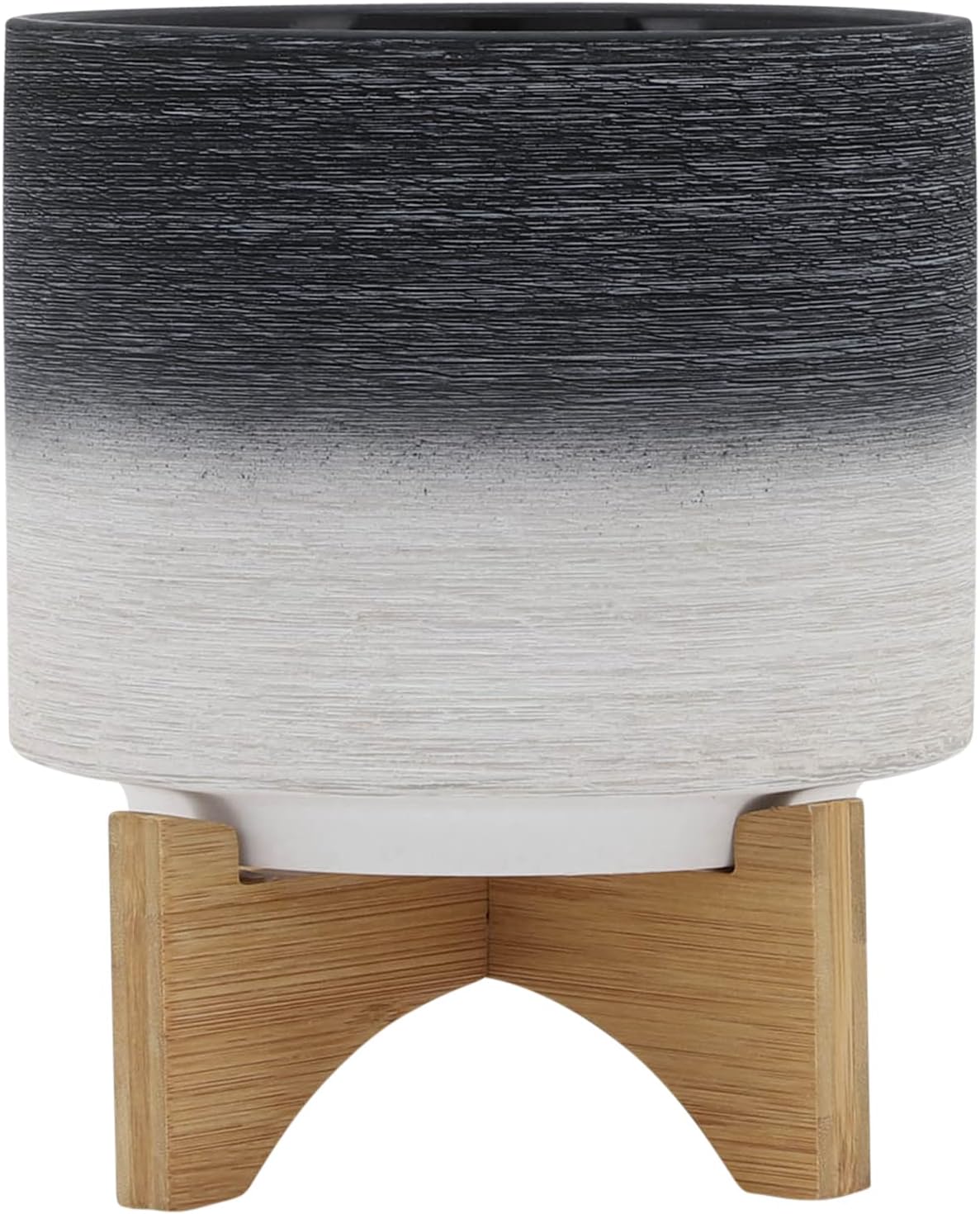Modern Ceramic Planter with Wooden Stand – Stoneware Plant Pot Holder – Stylish Indoor & Outdoor Home Decor for Living Room, Bedroom, Office, or Garden – 9", Gray & White