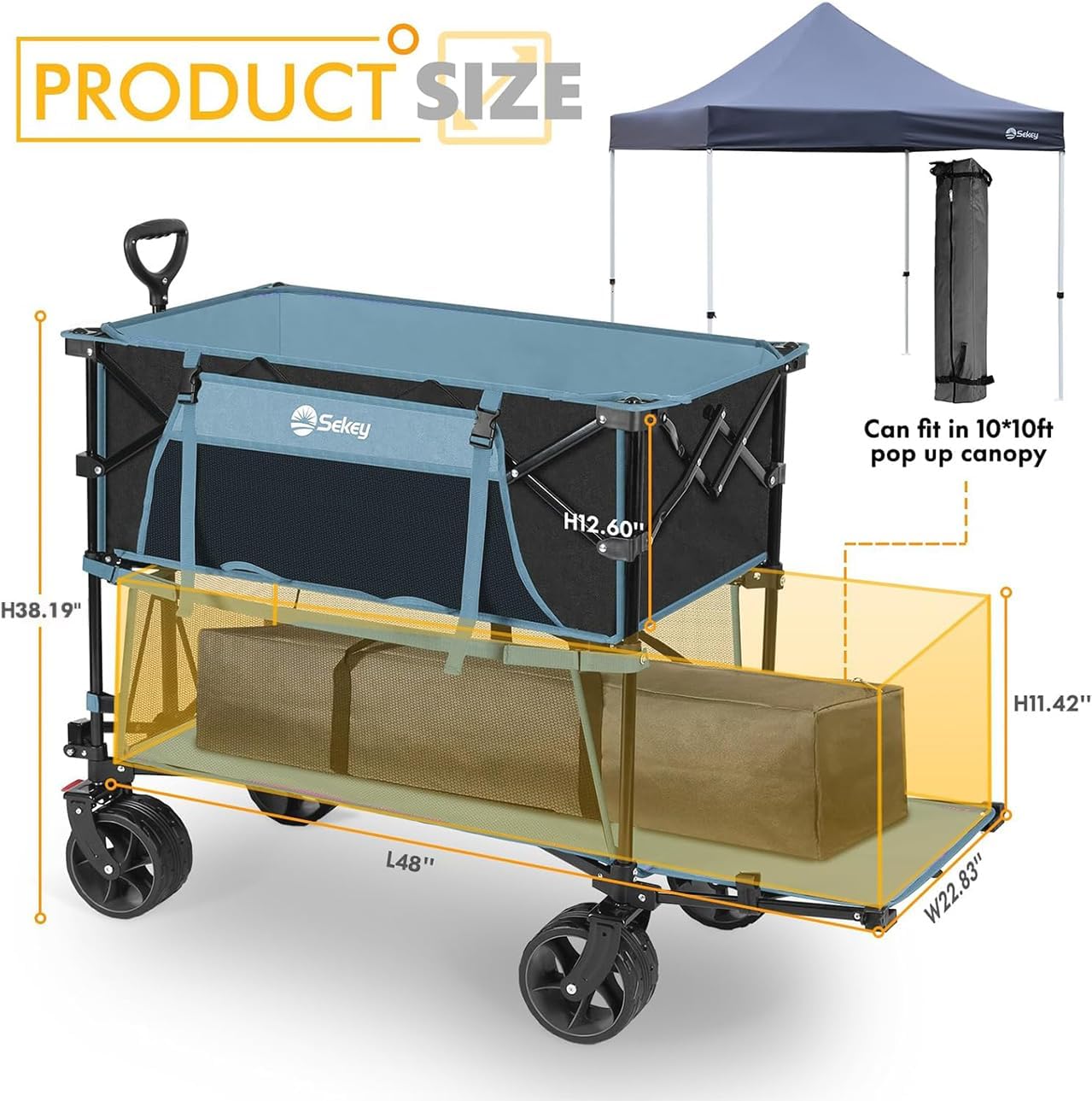 400L Large Capacity Folding Double Decker Wagon with Brakes, 48" Extra Long Extender Cart, 500lbs Heavy Duty Collapsible Wagons, All-Terrain Big Wheels for Camping, Sports, Shopping. Blue