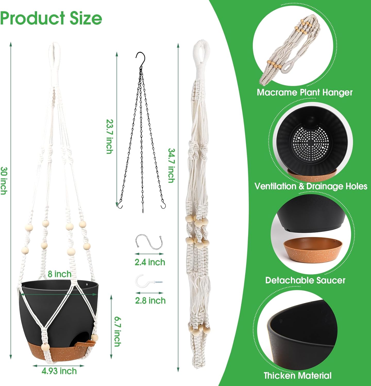 Hanging Planters for Indoor Outdoor Plants, 2 Pack Self Watering Hanging Pot with Drainage Holes, Removable Tray & 2 Kinds of Plant Hangers, 8'' Hanging Flower Pots for Home Garden Decor, Black