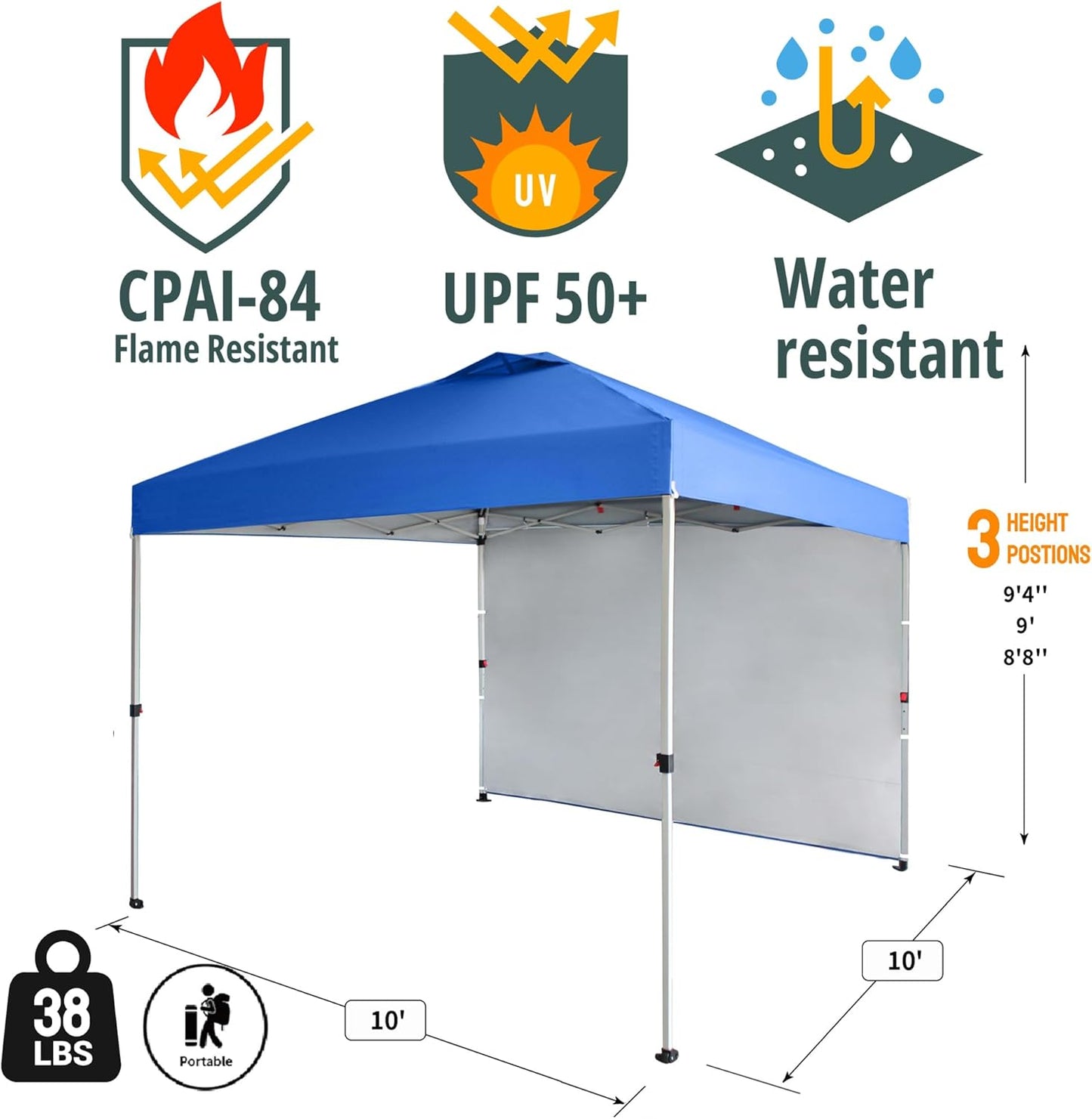 CROWN SHADES 10x10 Pop Up Canopy with 1 Side Wall - Beach Tent with One Push Setup - Outdoor Sun Shade for Events, Parties, Camping - Gazebo with STO-N-Go Cover Bag (Blue)