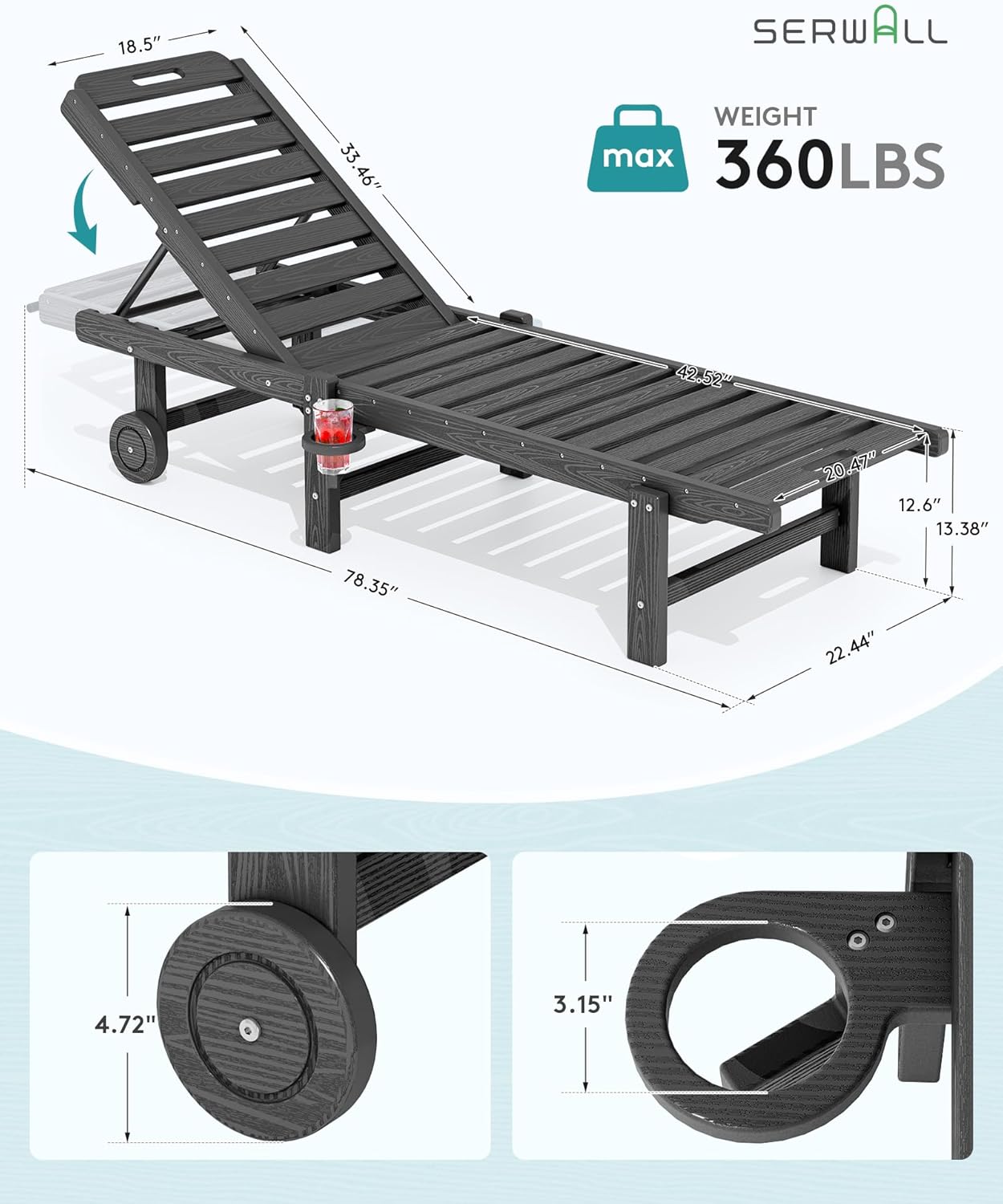 SERWALL Patio Chaise Lounge Set of 4, 78" Length Outdoor Lounge Chair with 5 Positions Adjustable Backrest, HDPE Lounge Chair with Rolling Wheels & Cup Holder for Poolside, Beach, Garden, Grey