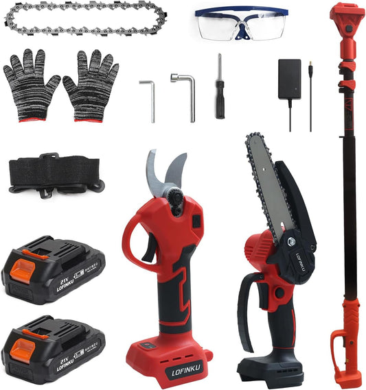 Electric Pruner Kit, 3 in 1, Max 8 ft, 2 Pcs Batteries, 6 inches cordless chainsaw & electric pruning shears with Max 8 ft Extension Pole, SK5 Blades RED