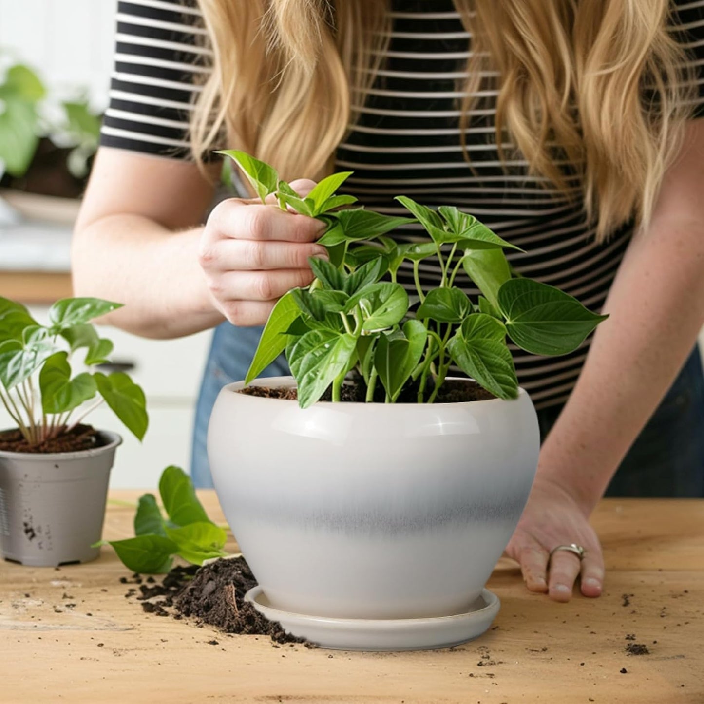 Planter Pot 6 Inch - Ceramic Plant Pot with Drainage Hole and Saucer, Round Glaze Succulent Pot for Plants, White